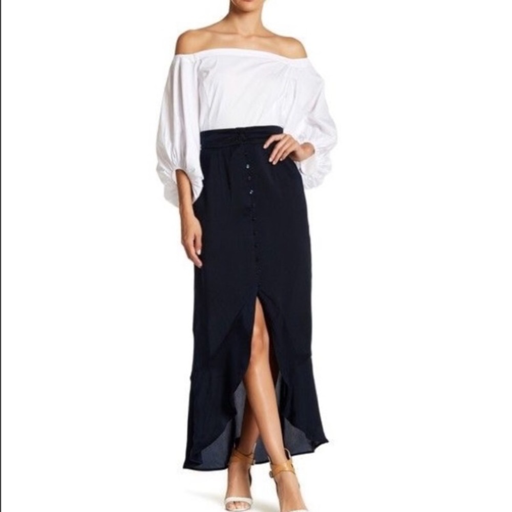 Navy Blue Button Front Satin-like Skirt